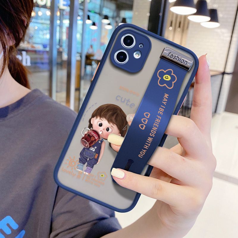UCUC for iPhone 12 Mini Wrist Strap Case Girl Drinking Cola Wristband Printing Cover Shockproof Ultra Thin Phone Case
