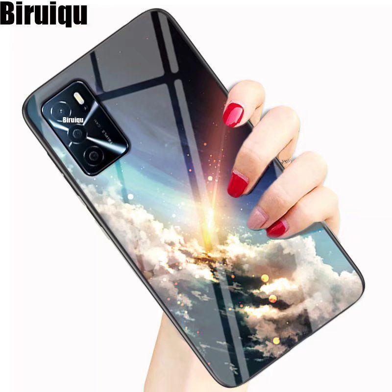 Biruiqu For OPPO A16 Shockproof Starry Colorful Tempered Glass Back Soft Silicone Edge Case Cover