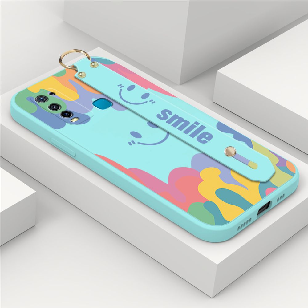 ZeroQiQi for Vivo Y30i Wrist Strap Case Soft Candy Color Splash Ink Cover Trend Square Printed Pattern Liquid Silicone Phone Case