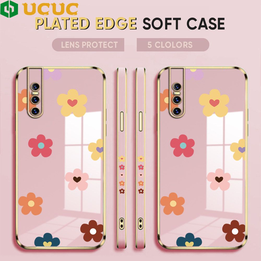 UCUC for Vivo V15 Pro Back Cover + Free Lanyard INS Style Flower Luxury 6D Plating Case Side Pattern Soft Silicone Square Phone Cases