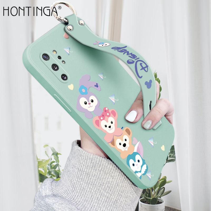 Hontinga for Samsung Galaxy Note 10 Plus Wrist Strap Case INS Cute Style Creative Cartoon Rabbit and Fox Cover Thin Square Edge Liquid Silicone Phone Case