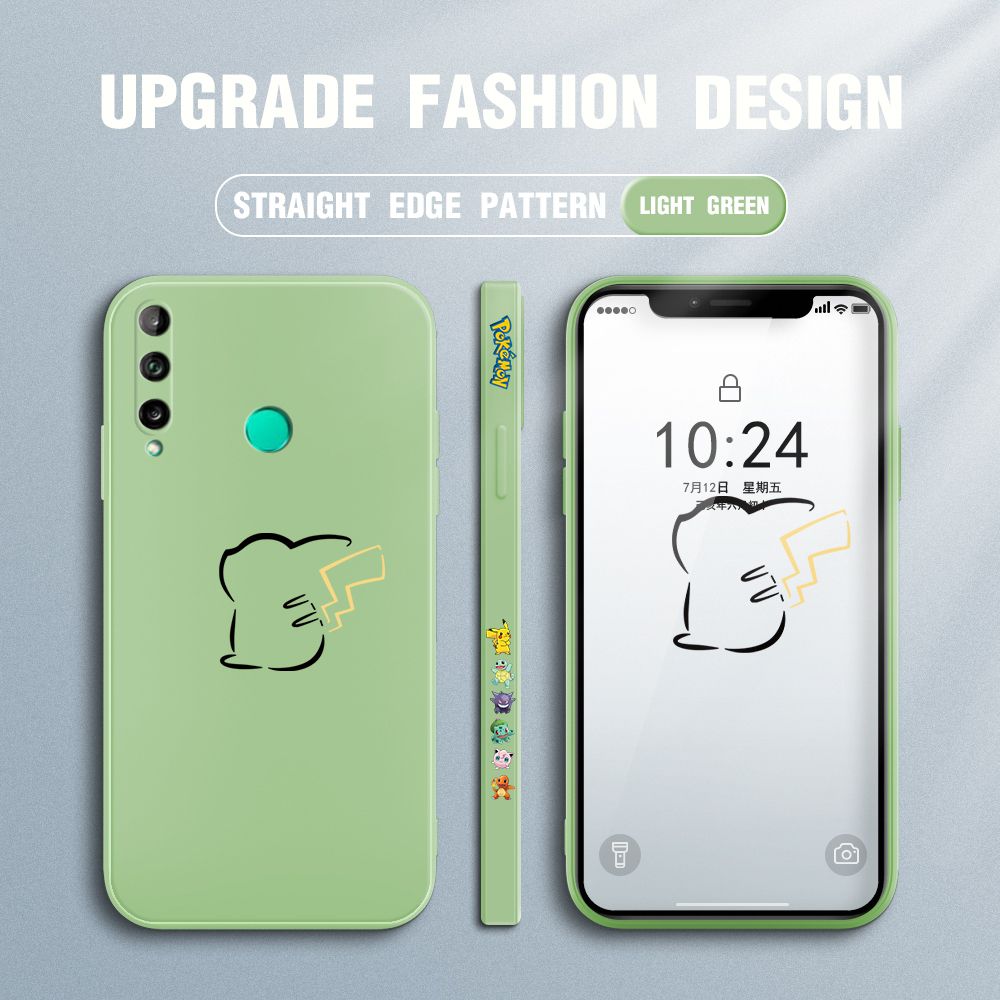 Jizetin for Huawei Y7P Case New Pikachu Pokémon Design Side Design Phone Case Square Edge Pattern Liquid Silicone Cases Full Cover Camera Soft Protection Case