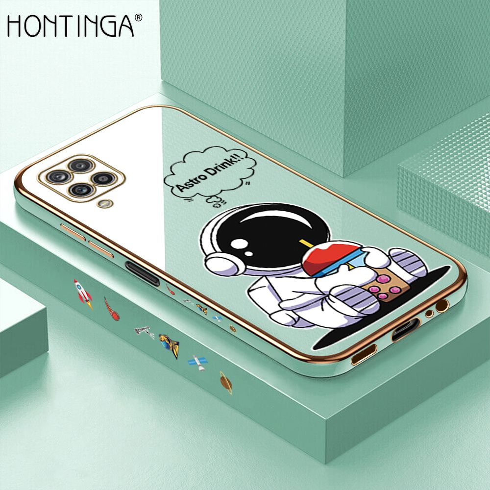 Hontinga for Samsung M12 A12 4G/5G Back Cover + Free Lanyard Luxury 6D Plating Cartoon Happy Astronaut Side Pattern Case Soft Silicone Square Mobile Cover