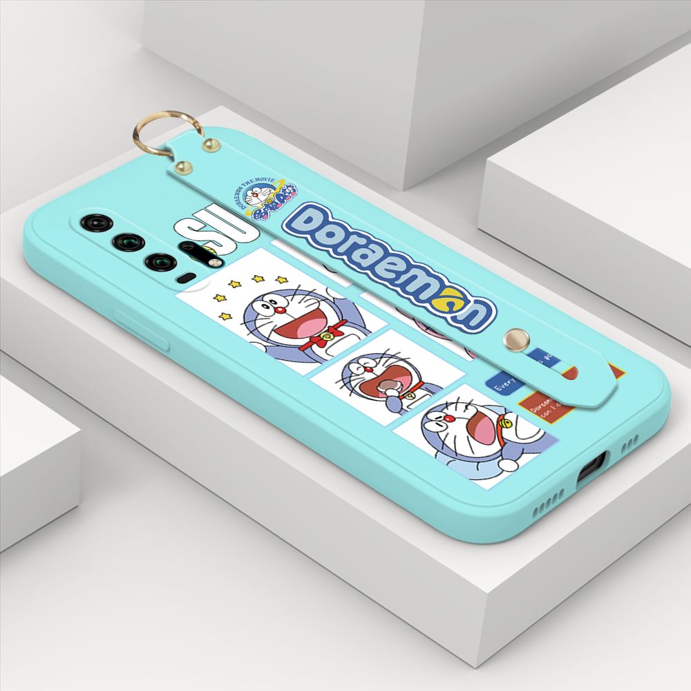 ZeroQiQi for Honor 20 Pro Wrist Strap Case Cute Cute Cartoon Blue Cat Daily Life Cover Square Edge Liquid Silicone Creative Phone Protective Cases