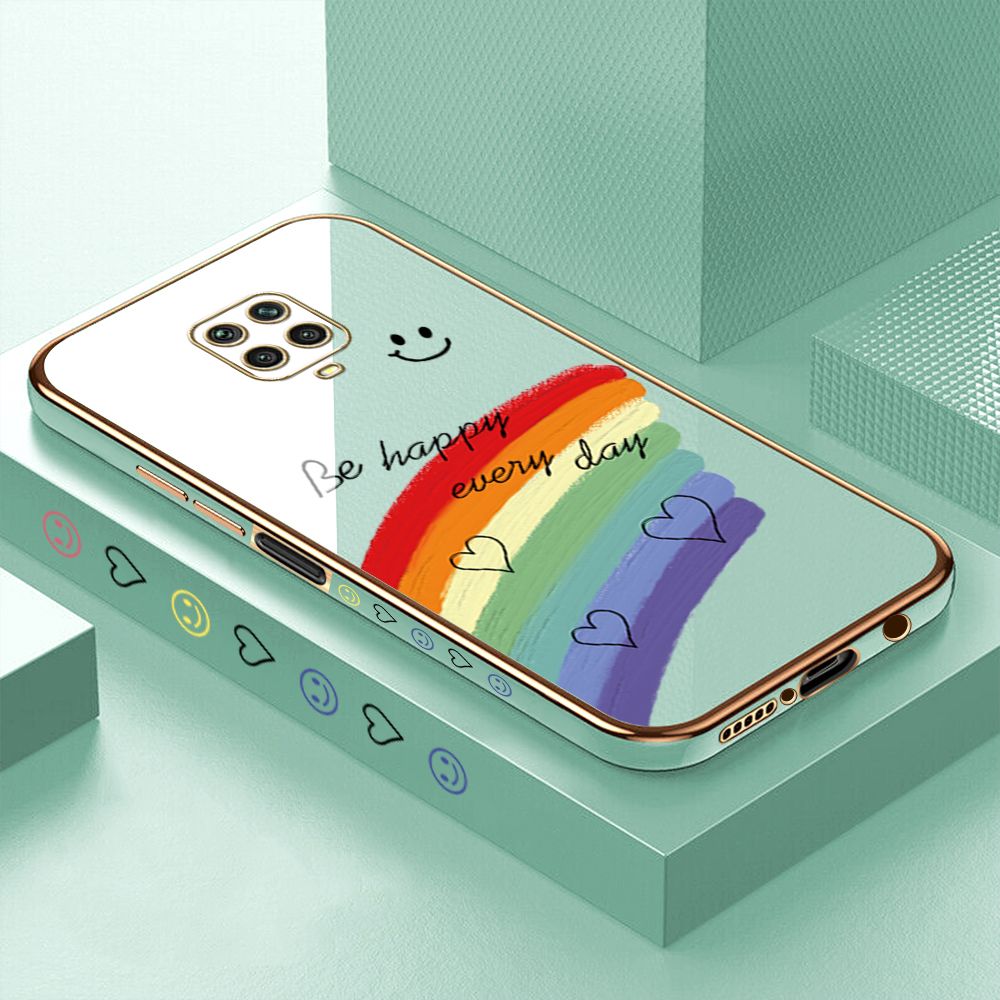 Luxury 6D Plating Case for Xiaomi Redmi Note 9S Smile Rainbow Side Pattern Back Cover Soft Silicone Square Phone Cases + Free Lanyard