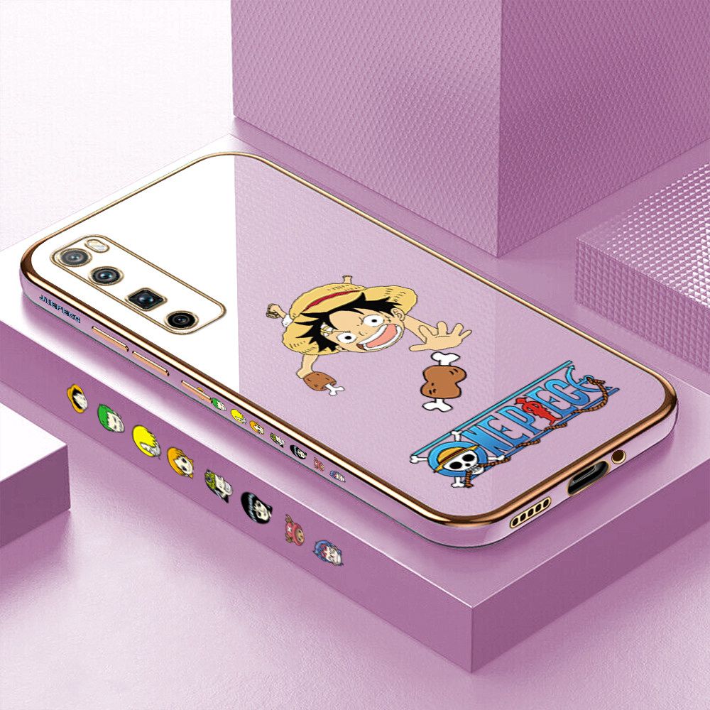 Luxury 6D Plating Case for Huawei Nova 7 Pro Gluttonous Cartoon Luffy Side Pattern Back Cover Soft Silicone Square Frame Shiny Bling Phone Cases + Free Lanyard