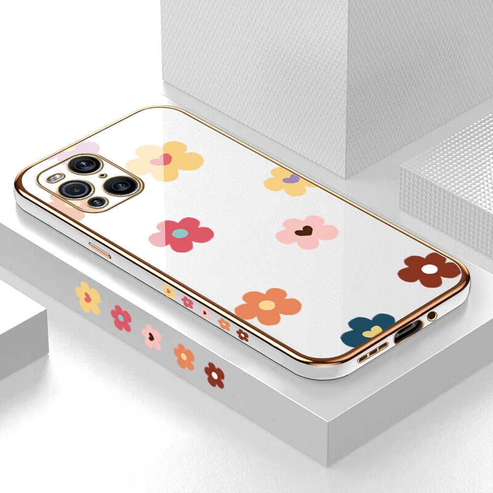 Luxury 6D Plating Case for OPPO Find X3 Color Cartoon Flowers Side Pattern Back Cover Soft Silicone Square Frame Shiny Bling Phone Cases + Free Lanyard