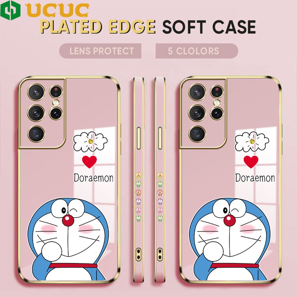 UCUC for Samsung Galaxy S21 Ultra 5G Back Cover + Free Lanyard Sneak Doraemon Luxury 6D Plating Case Side Pattern Soft Silicone Square Phone Cases