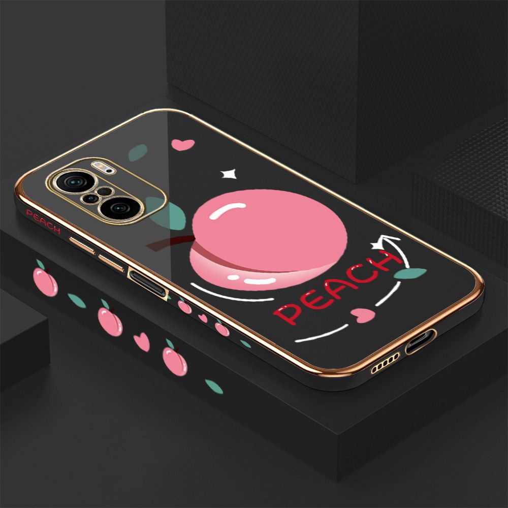 Luxury 6D Plating Case for Redmi K40 Cartoon Simple Peach Side Pattern Back Cover Soft Silicone Square Frame Shiny Bling Phone Cases + Free Lanyard