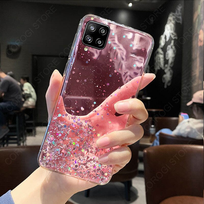 For Samsung Galaxy A12 Cover Fashion Shiny Glitter Starry Space Girls Slim Phone Case Clear Soft TPU Silicone Bumper Shockproof Protective Back Cover