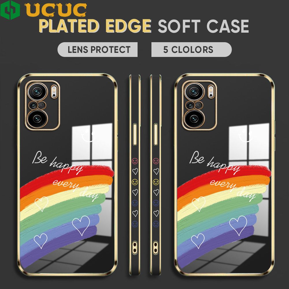 UCUC for Redmi K40 / K40 Pro / Xiaomi Poco F3 Back Cover + Free Lanyard Rainbow Doodle Luxury 6D Plating Case Side Pattern Soft Silicone Square Phone Cases
