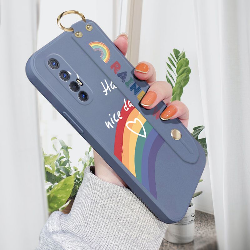 Jizetin for OPPO Reno3 Pro 5G Wrist Strap Case INS Style Smile Rainbow Cover Ultra Thin Anti Fall Liquid Silicone Phone Case