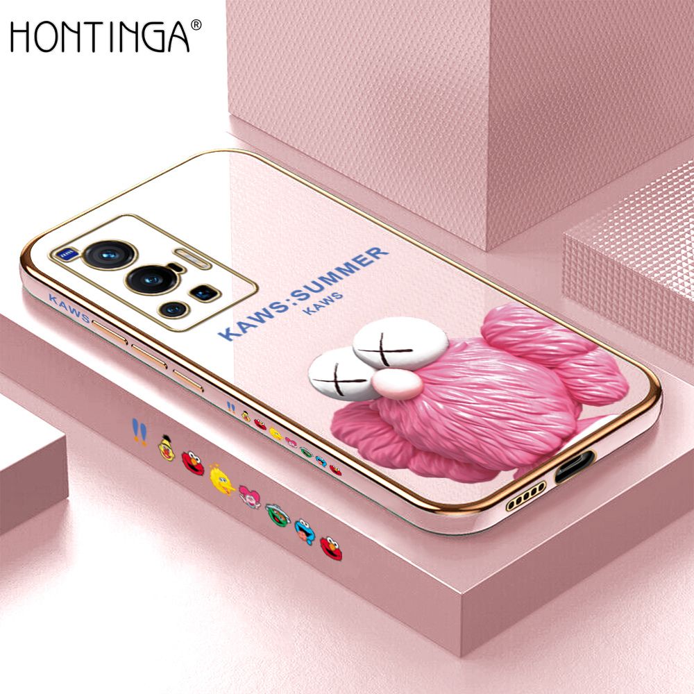 Hontinga for Vivo X70 Pro 5G Luxury 6D Plating Soft Casing Silicone Square Frame Phone Case Shiny Bling Back Cover Pink Doll Side Pattern Case