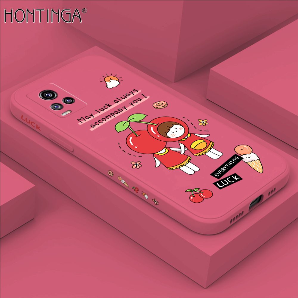 Hontinga for Vivo V20 / V20 2021 Case Side Design Cute Cherry Girl Back Cover Soft Square Edge Pattern Liquid Silicone Trend Phone Cases