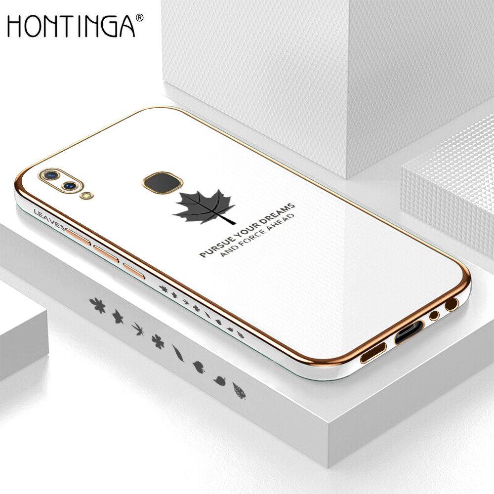 Hontinga for Vivo Y85 Luxury 6D Plating Soft Casing Silicone Square Frame Phone Case Shiny Bling Back Cover Maple Leaf Side Pattern Case