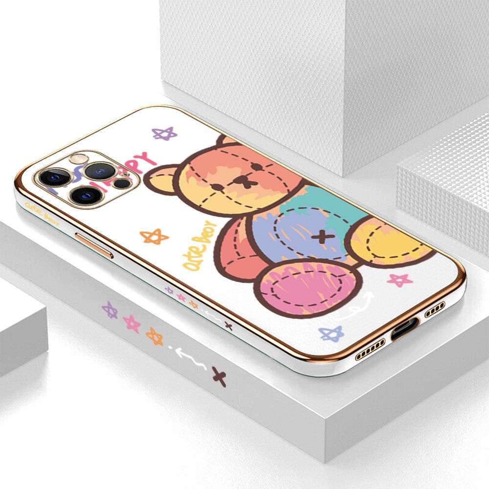 Luxury 6D Plating Case for iPhone 12 Pro Max Color Cartoon Doll Bear Side Pattern Back Cover Soft Silicone Square Frame Shiny Bling Phone Cases + Free Lanyard