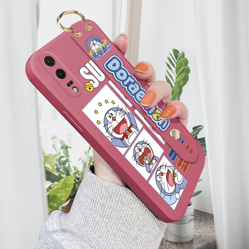 Jizetin for Huawei P20 Wrist Strap Case Creative Cartoon Doraemon's Daily Life Cover Ultra Thin Anti Fall Liquid Silicone Phone Case