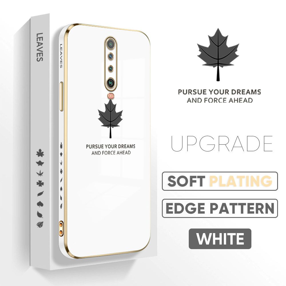 Jizetin (Free Lanyard) Xiaomi Poco X2 Luxury 6D Plating Soft Casing Silicone Square Frame Phone Case Shiny Bling Back Cover Maple leaf New design Side Drawing Case