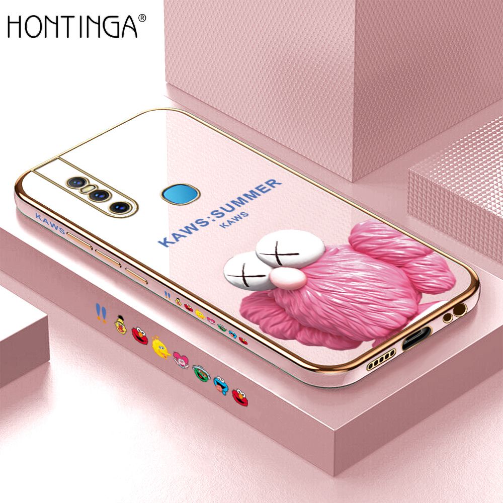 Hontinga for Vivo V15 Case Luxury 6D Plating Pink Doll Side Pattern Soft Back Cover Silicone Square Phone Cases