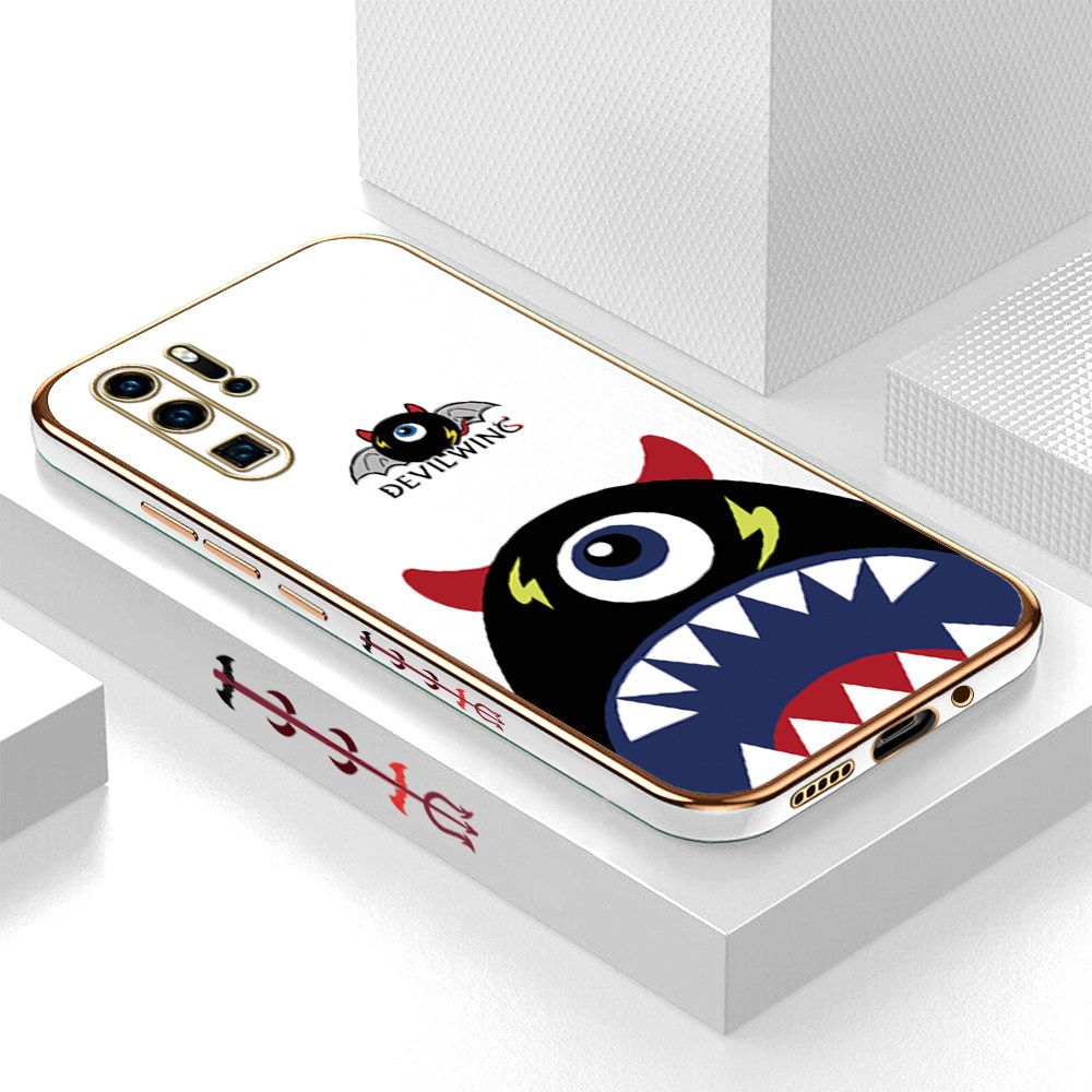 Luxury 6D Plating Case for Huawei P30 Pro Cartoon One-eyed Devil Wing Side Pattern Back Cover Soft Silicone Square Frame Shiny Bling Phone Cases + Free Lanyard