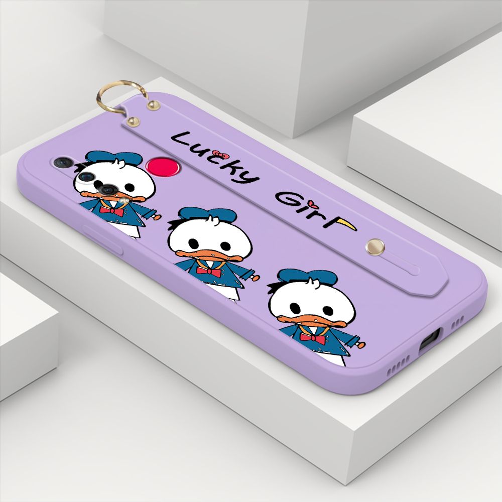 ZeroQiQi for Huawei Nova 4 Wrist Strap Case Cute Cartoon Little Duck Phone Case Square Edge Liquid Silicone Case Full Cover Camera Shockproof Protective Cases