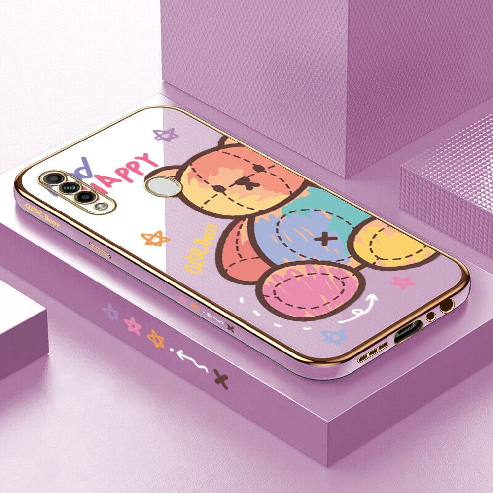 Luxury 6D Plating Case for OPPO A31 2020 Color Cartoon Doll Bear Side Pattern Back Cover Soft Silicone Square Frame Shiny Bling Phone Cases + Free Lanyard