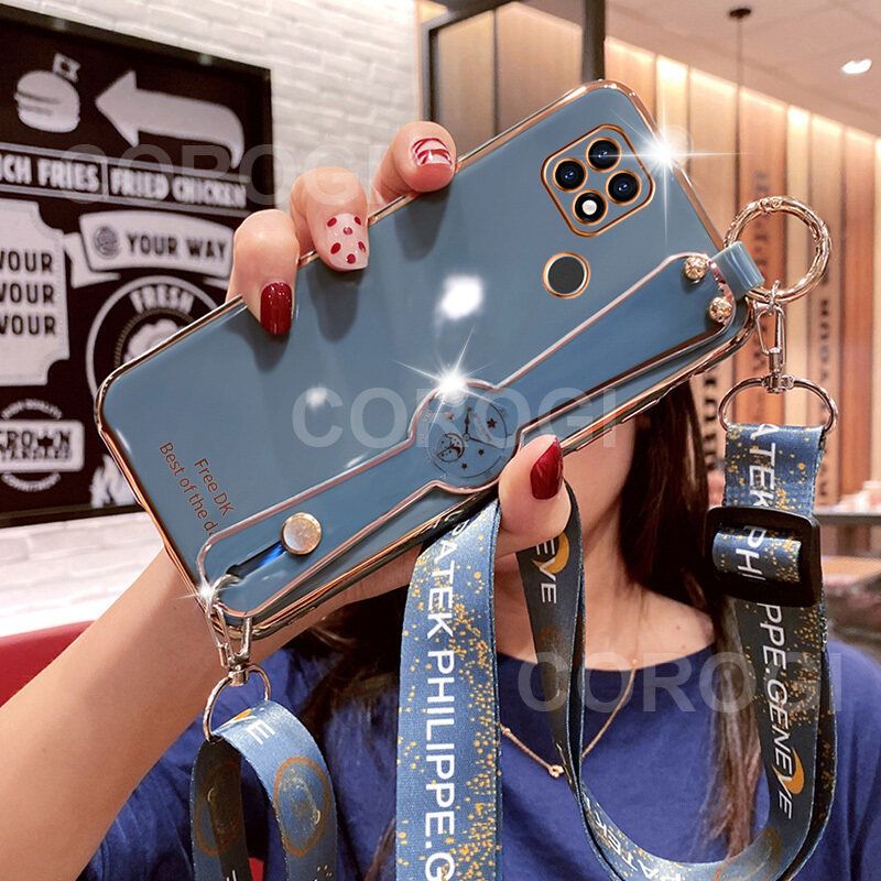 For Realme C25s / Realme C25 / Realme C12 Cover with [Lanyard + Wrist Strap Stand Holder] Ultra Thin Plating Bumper Phone Case Camera Lens Protection Soft TPU Silicone Shockproof Protective Back Cover