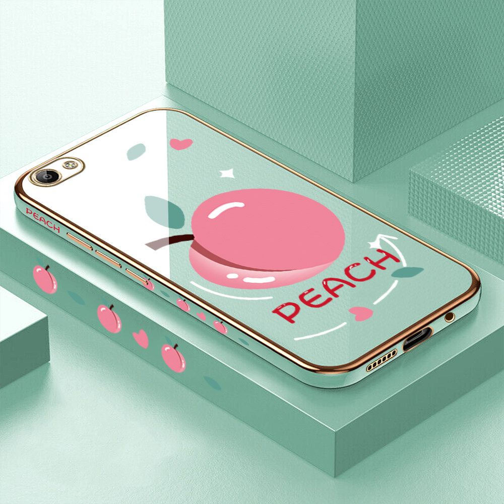 Luxury 6D Plating Case for Vivo Y66 Cartoon Simple Peach Side Pattern Back Cover Soft Silicone Square Frame Shiny Bling Phone Cases + Free Lanyard