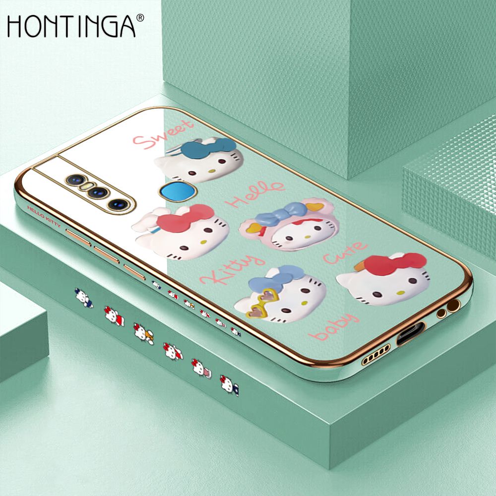 Hontinga for Vivo V15 Back Cover + Free Lanyard Luxury 6D Plating Cartoon Cute Kitty Side Pattern Case Soft Silicone Square Phone Cases