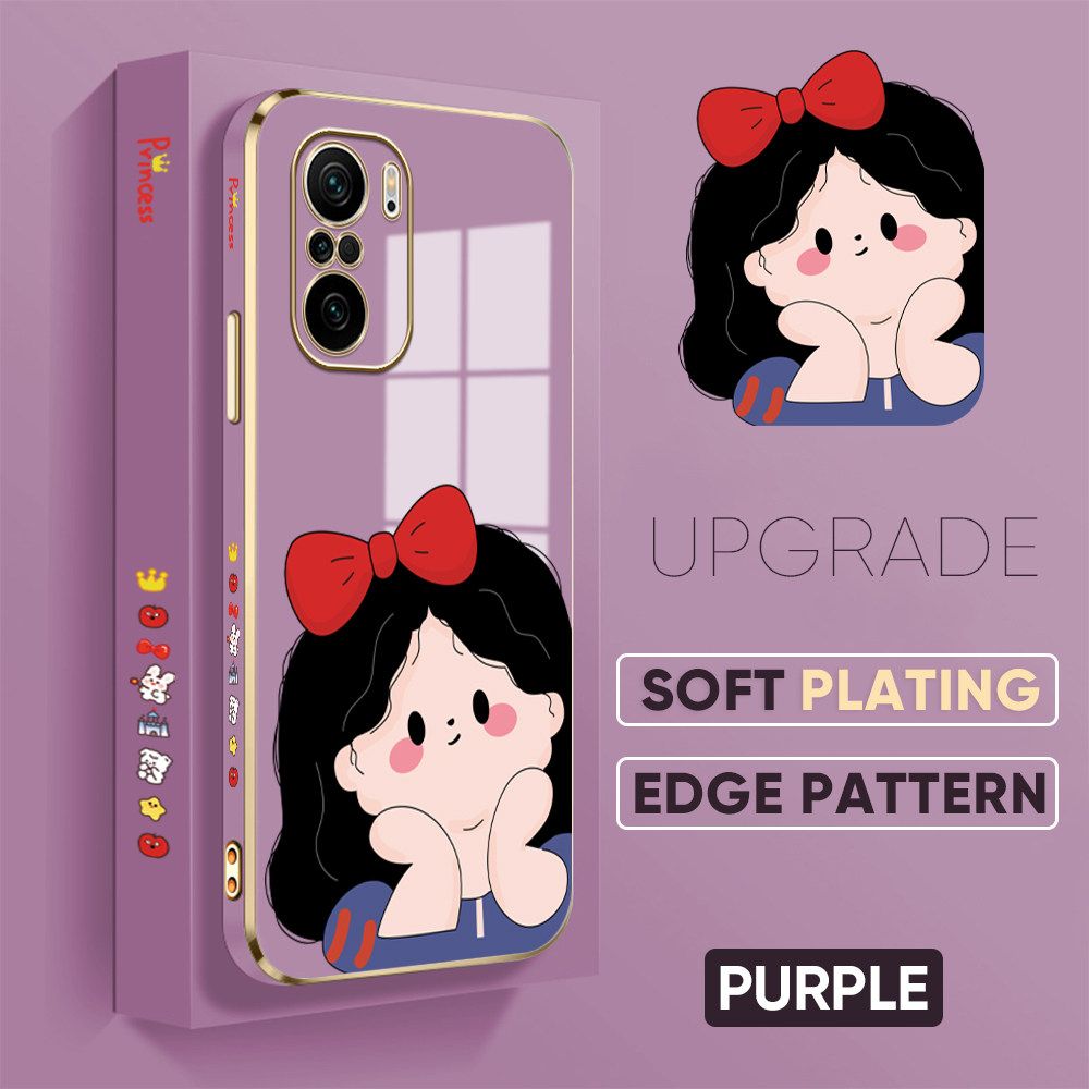 Jizetin (Free Lanyard) Xiaomi Poco F3 / Redmi K40 / K40 Pro Case Luxury 6D Plating Soft Casing Silicone Square Frame Phone Case Shiny Bling Back Cover Cartoon Cute Girl New design Side Drawing Case