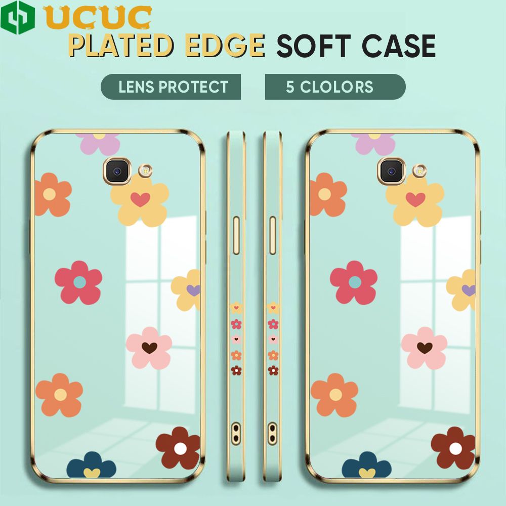 UCUC for Samsung Galaxy J7 Prime Back Cover + Free Lanyard INS Style Flower Luxury 6D Plating Case Side Pattern Soft Silicone Square Phone Cases