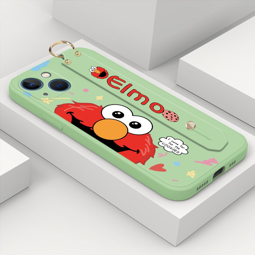 ZeroQiQi for iPhone 13 Wrist Strap Case Cute Cute Cartoon Little Monster Phone Cover Square Edge Liquid Silicone Case Full Cover Camera Shockproof Protective Cases