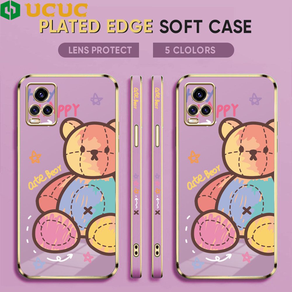 UCUC for Vivo V20 Pro Back Cover + Free Lanyard Colorful Muppet Bear Luxury 6D Plating Case Side Pattern Soft Silicone Square Phone Cases