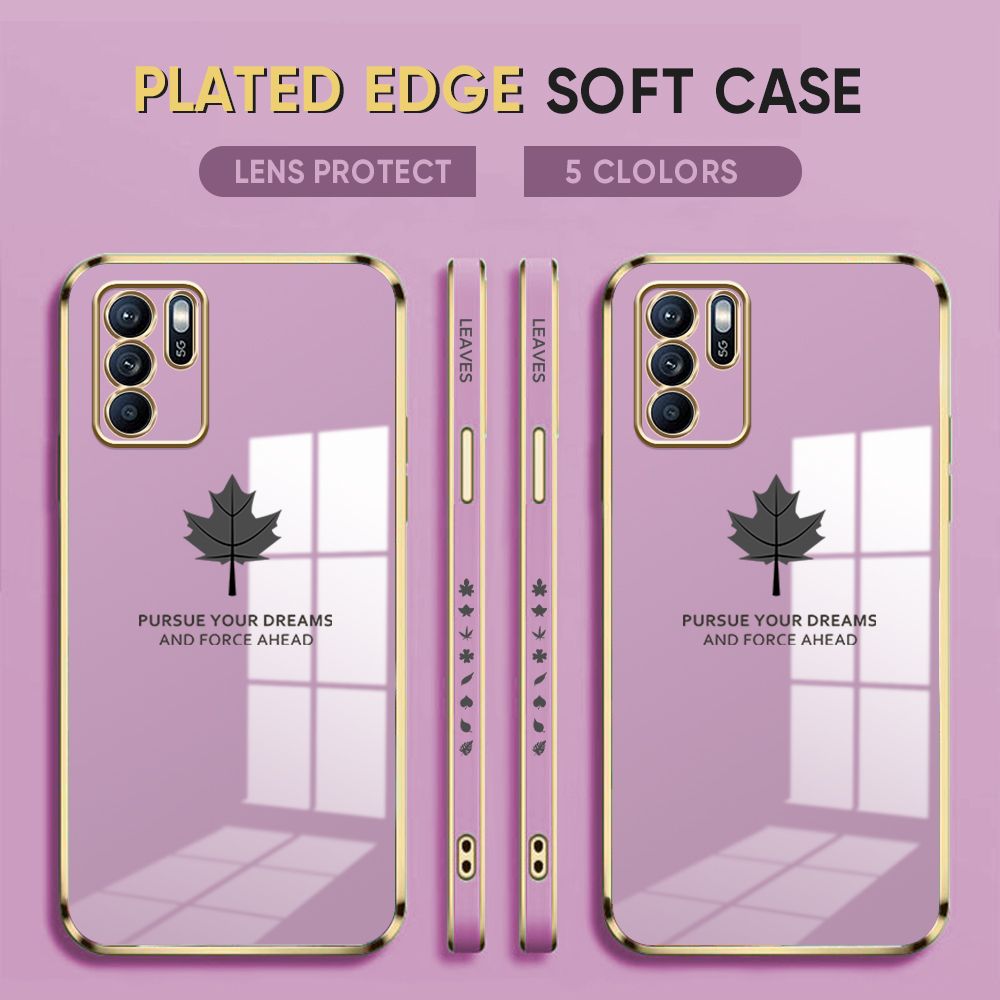 Luxury 6D Plating Case for OPPO Reno6 Z 5G Back Cover Maple Leaf Side Pattern Soft Silicone Square Phone Cases