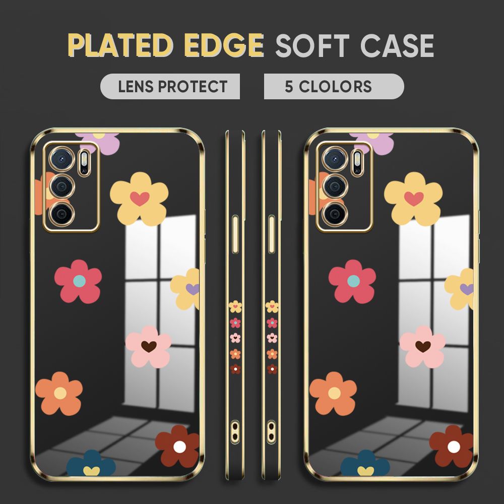 Luxury 6D Plating Case for OPPO A16 Phone Cases Color Cartoon Flowers Side Print Soft Silicone Square Back Cover