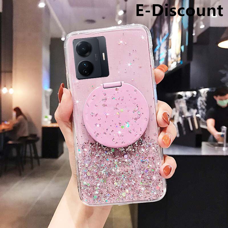 For VIVO T1 5G Shiny Ring Case Glitter Soft Transparent Makeup Mirror Cases for VIVO T1 5G Back Cover Stars Moon Girls