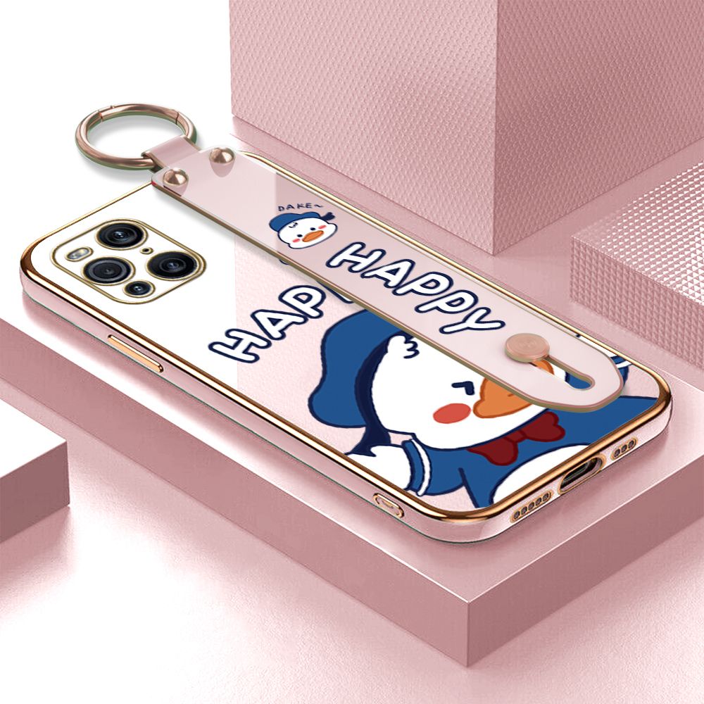 TA for OPPO Find X3 / Find X3 Pro Wrist Strap Back Cover Cute Duck Fashion Luxury 6D Plating Soft Casing Silicone Square Frame Phone Case