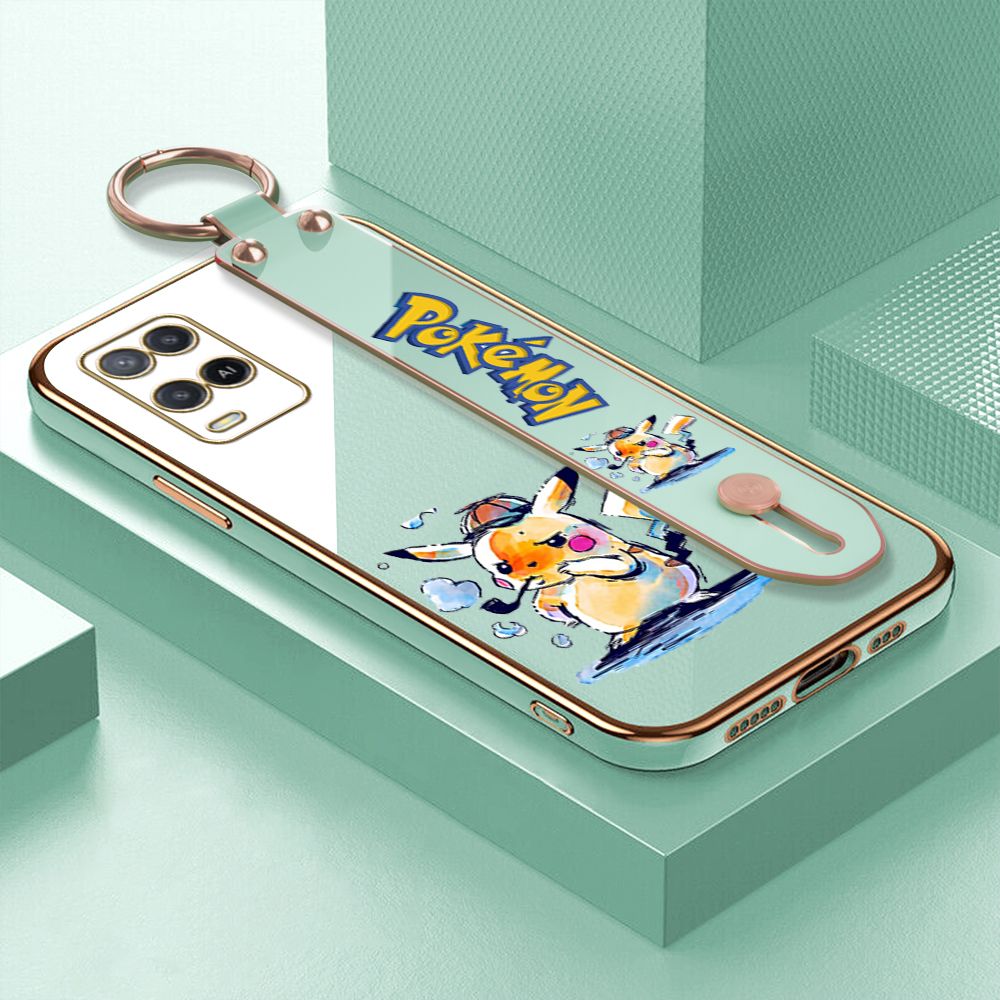 UCUC for OPPO A54 / A54 2021 Wrist Strap Back Cover + Free Lanyard Pikachu Fashion Luxury 6D Plating Soft Casing Silicone Square Frame Phone Case