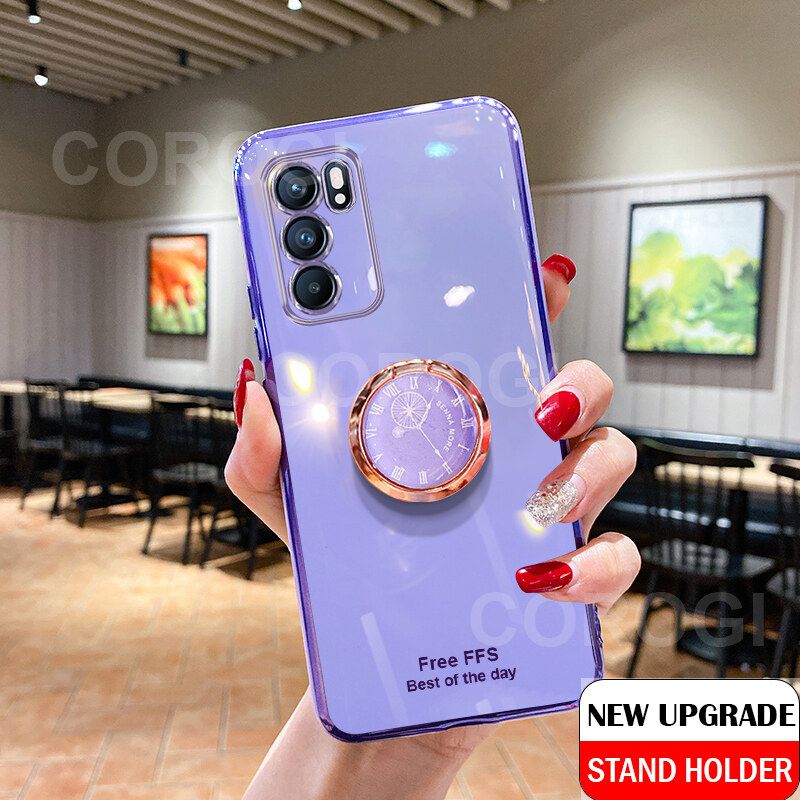 For OPPO Reno6 / OPPO Reno 6 Cover + Ring Holder Ultra Thin Shiny Plating Bumper Stand Phone Case Soft TPU Silicone Shockproof Protective Back Cover