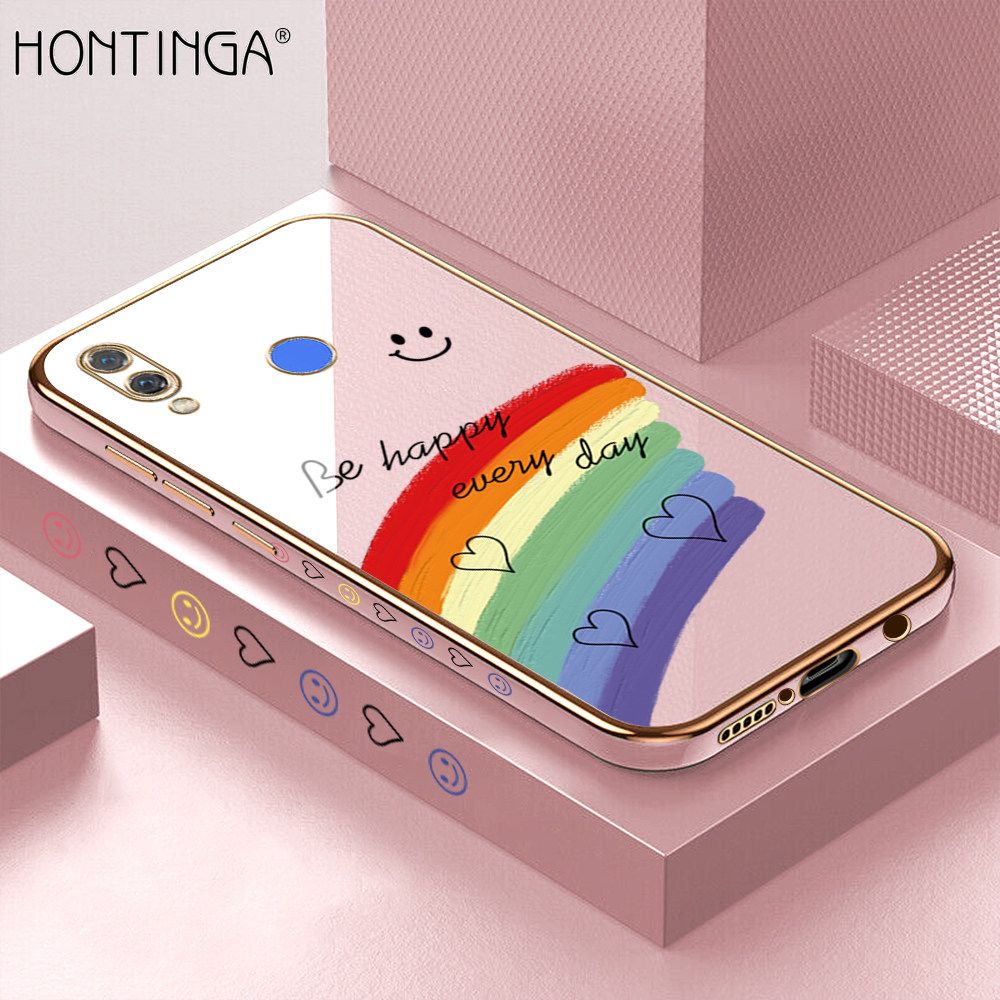 Hontinga for Huawei Nova 3 Back Cover + Free Lanyard Luxury 6D Plating Cartoon Rainbow Side Pattern Caese Soft Silicone Square Phone Cases
