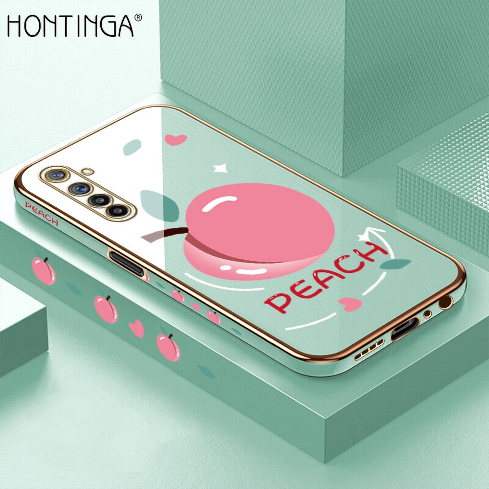 Hontinga for Realme 6 Pro Back Cover + Free Lanyard Luxury 6D Plating Cartoon Simple Peach Side Pattern Case Soft Silicone Square Mobile Cover