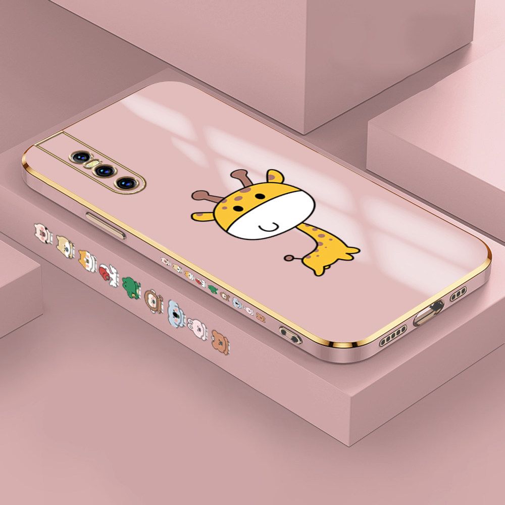 Jizetin (Free Lanyard) Vivo V15 Pro Case Cute Cartoon Big Head Giraffe Luxury 6D Plating Soft Casing Silicone Ultra Thin Phone Cover