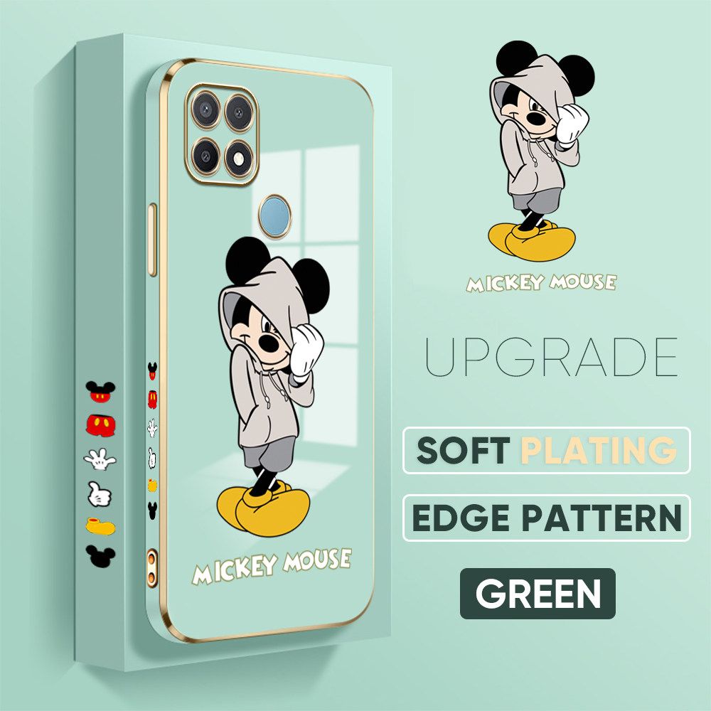 TA for OPPO A15 A15s Back Cover + Free Lanyard Handsome Mouse Luxury 6D Plating Case Side Pattern Soft Silicone Square Phone Cases