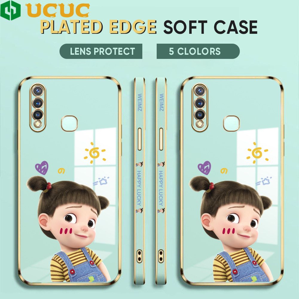 UCUC for Vivo Y19 Back Cover + Free Lanyard Lovely Girl Luxury 6D Plating Case Side Pattern Soft Silicone Square Phone Cases