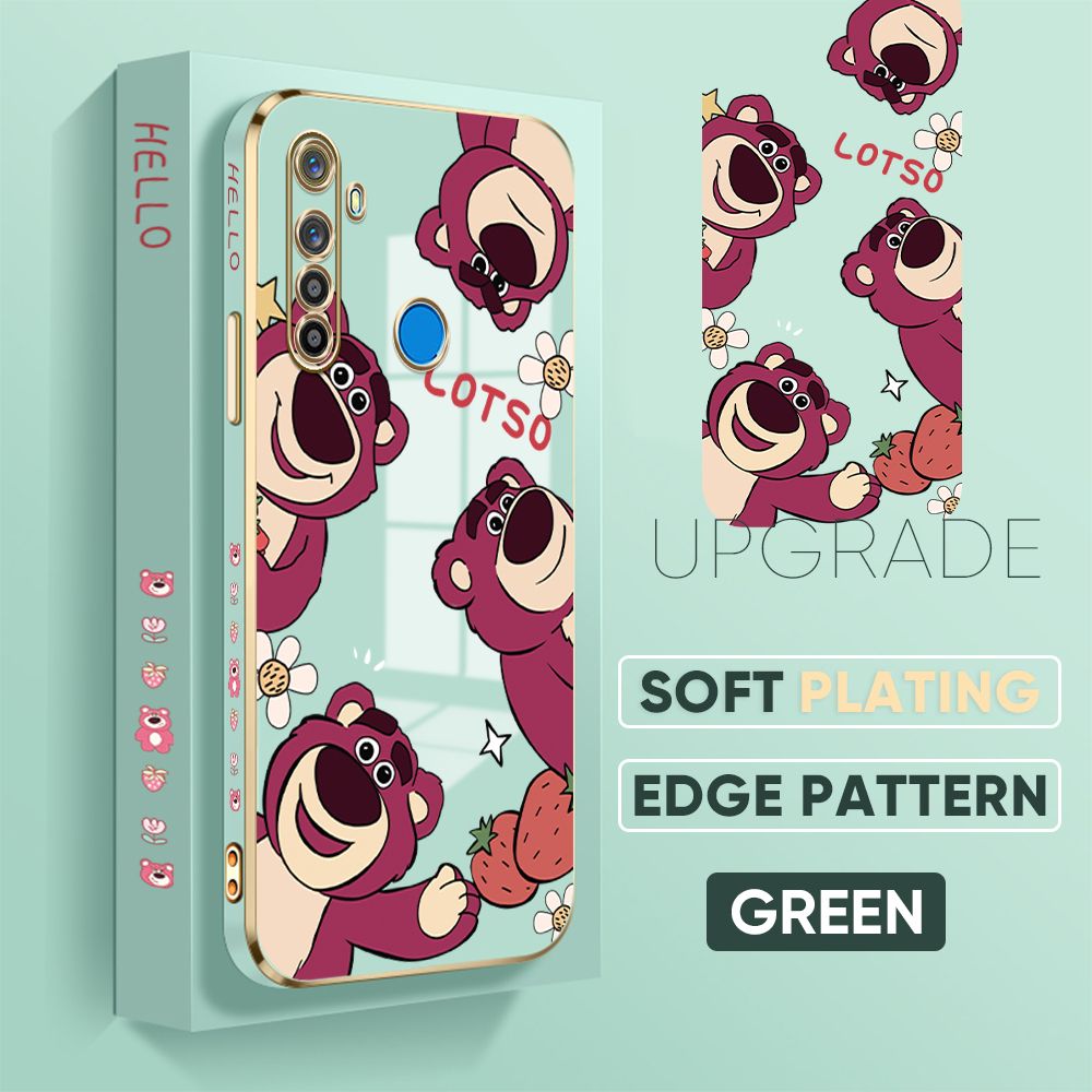 TA for Realme 5 5i 5S 6i Back Cover + Free Lanyard Cute Bear Luxury 6D Plating Case Side Pattern Soft Silicone Square Phone Cases
