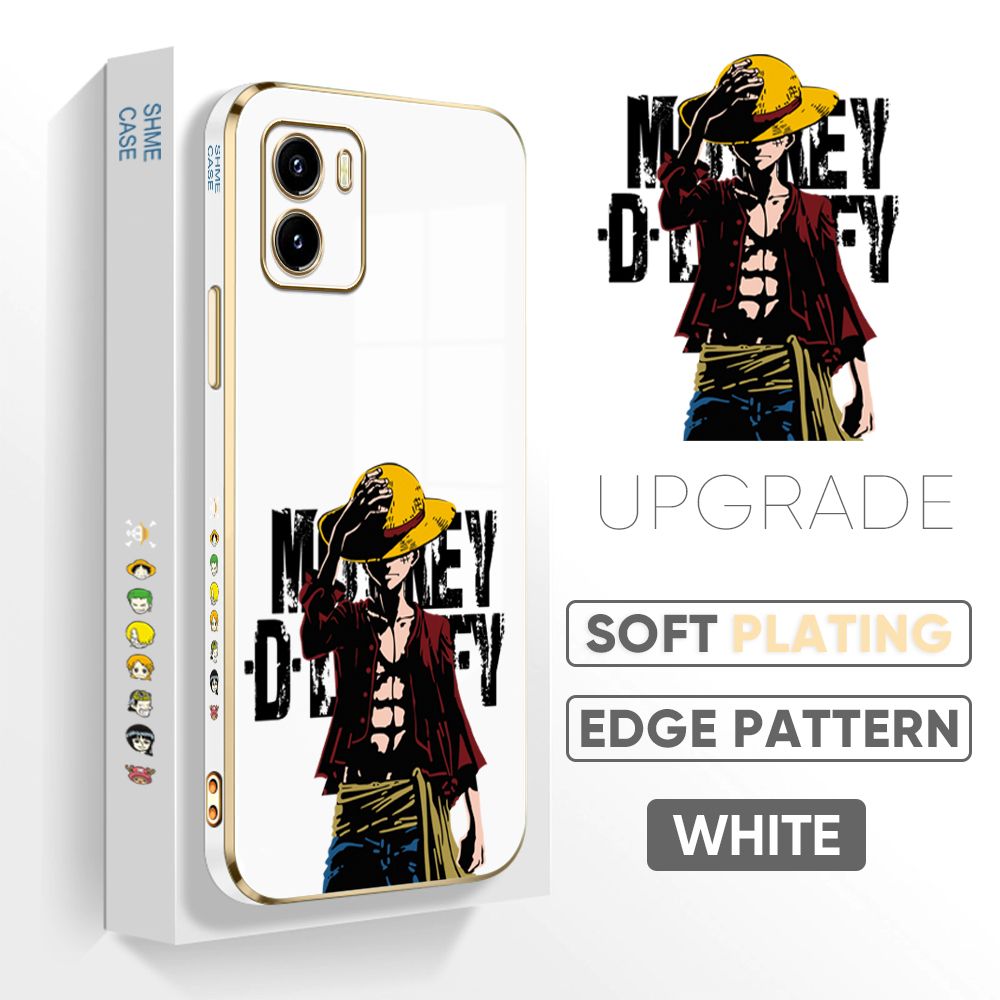 Jizetin (Free Lanyard) Vivo Y15S / Y15A Back Cover Holding Cap Luffy Luxury 6D Plating Case Side Pattern Soft Silicone Square Mobile Phone Cases
