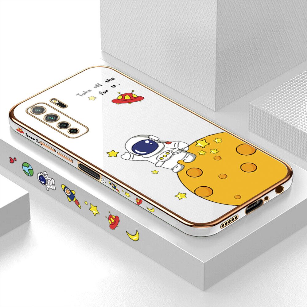 Luxury 6D Plating Case for Huawei Nova 7 SE Cute Cartoon Happy Astronaut Side Pattern Back Cover Soft Silicone Square Frame Shiny Bling Phone Cases + Free Lanyard