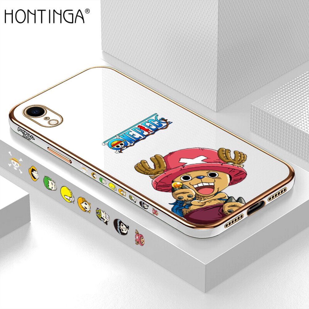 Hontinga for iPhone XR Back Cover + Free Lanyard Luxury 6D Plating Cute Cartoon Choba Side Pattern Case Soft Silicone Square Mobile Cover