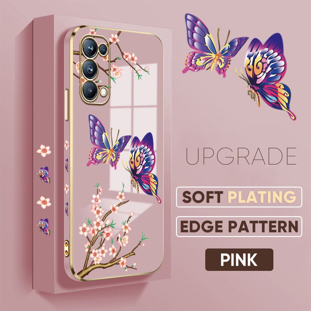 Jizetin (Free Lanyard) OPPO Reno5 Pro 5G Back Cover Peach Blossom and Butterfly Luxury 6D Plating Case Side Pattern Soft Silicone Square Mobile Phone Cases