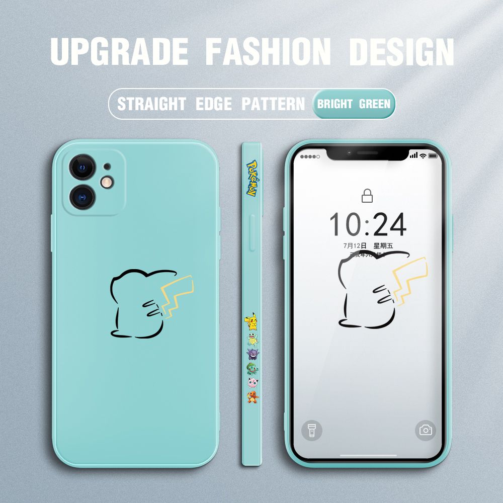 Jizetin for iPhone 12 Case New Pikachu Pokémon Design Side Design Phone Case Square Edge Pattern Liquid Silicone Cases Full Cover Camera Soft Protection Case